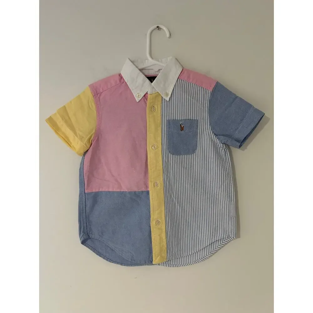 Ralph Lauren Cotton Oxford Fun Shirt Boys Color Block Pink Yellow Blue 3T Polo